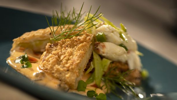 Fried Green Tomatoes with Blue Crab-fennel Salad, Remoulade and Smoked Paprika Oil